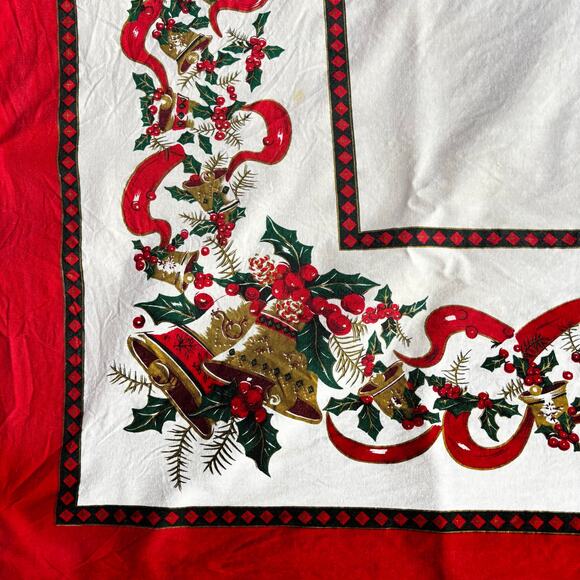 Vintage Christmas tablecloth Y2K long rectangle holiday white red green FLAWS - Picture 2 of 9